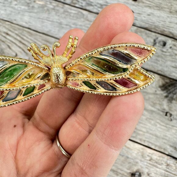 Vintage Jewelry Mosaic Insect Wing Brooch Cloisonné Flying Bug Winged Insect Pin - Picture 4 of 6